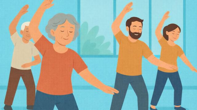 Ilustración que muestra varias personas realizando ejercicio de movimiento consciente